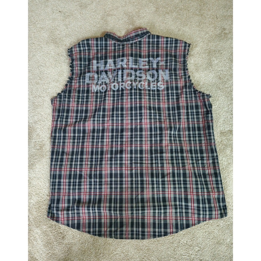 Harley Davidson Sleeveless Shirt Mens 3XL Plaid Black Red Cutoff Biker Moto